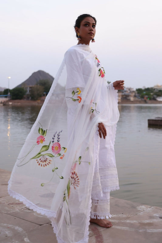 Garima White Handpainted Pakistani Suit Set