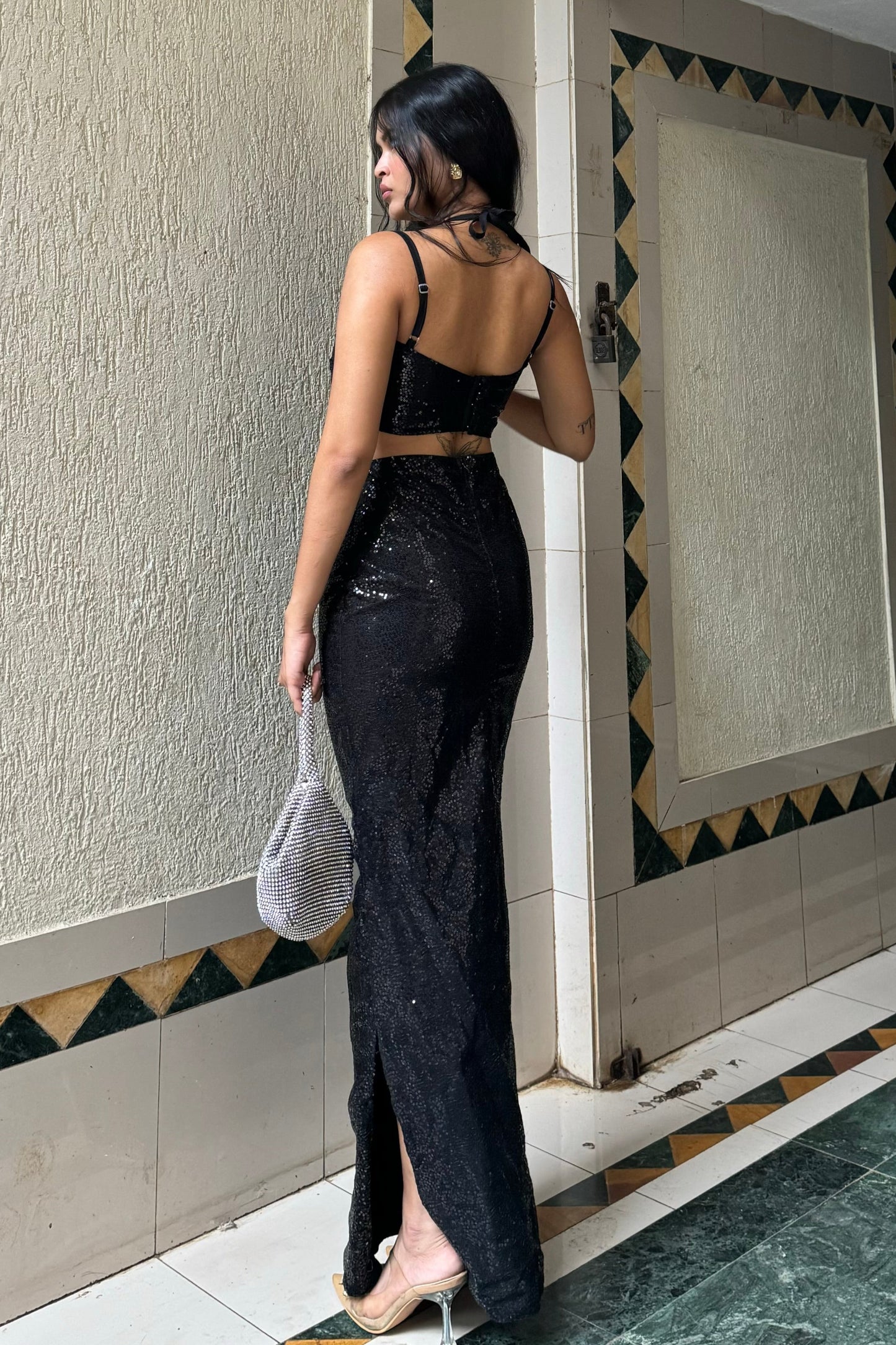Sequin Black Maxi Cut-Out Dress