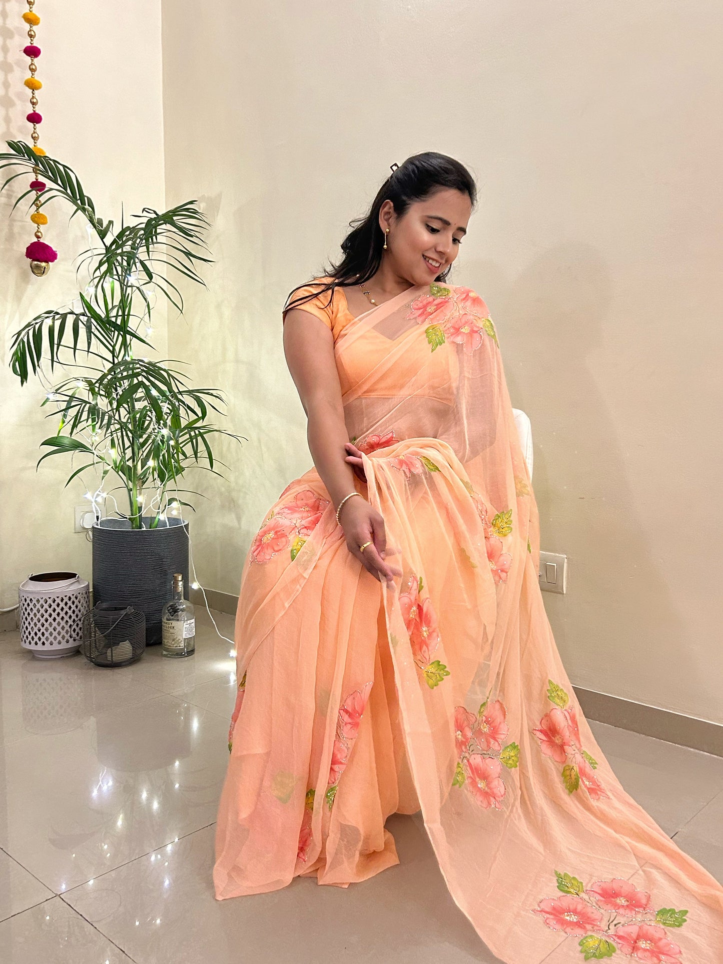 Gudhal ka Phool - Hand Painted Pre Pleated Chiffon Saree