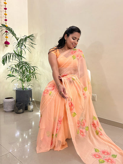 Gudhal ka Phool - Hand Painted Pre Pleated Chiffon Saree