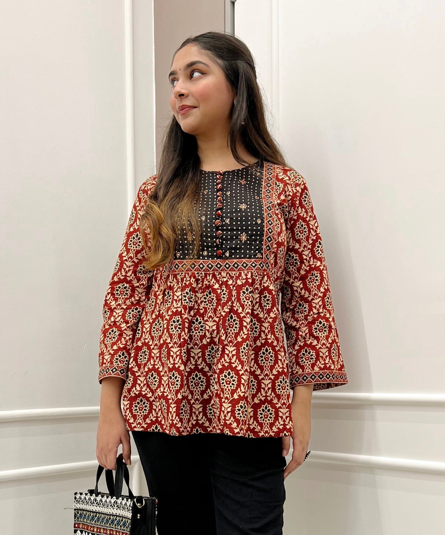 Maroon Cotton Ethnic Hand Block Print A-Line Top