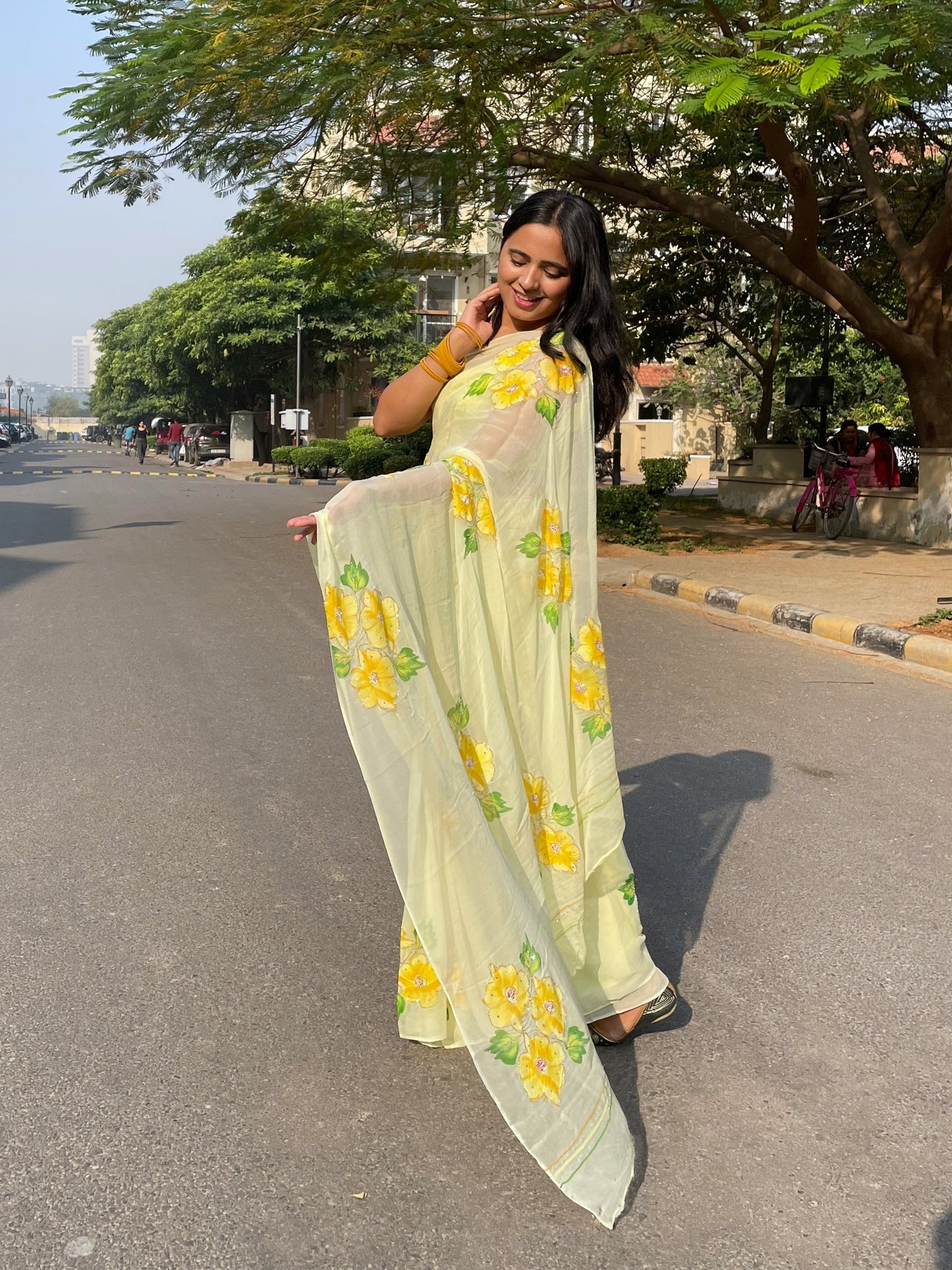 Gudhal ka Phool - Hand Painted Pre Pleated Chiffon Saree