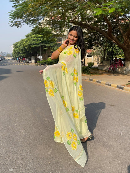 Gudhal ka Phool - Hand Painted Pre Pleated Chiffon Saree