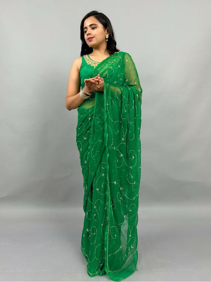 Banno Tera Swagger -Jaal Embroidery Pre-Pleated Shimmer Chiffon Saree
