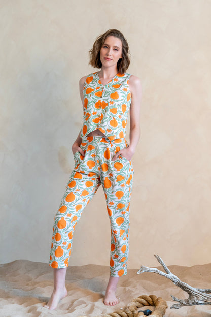 Orange Green Print Waistcoat - Pants Set