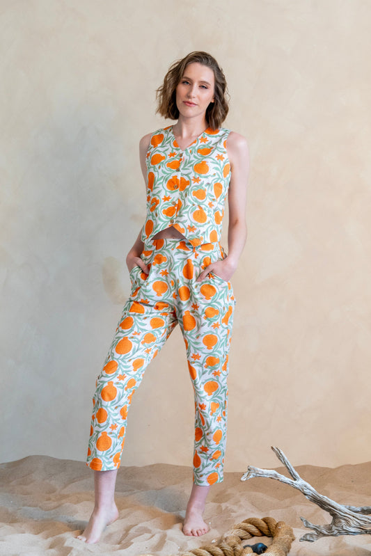 Orange Green Print Waistcoat - Pants Set