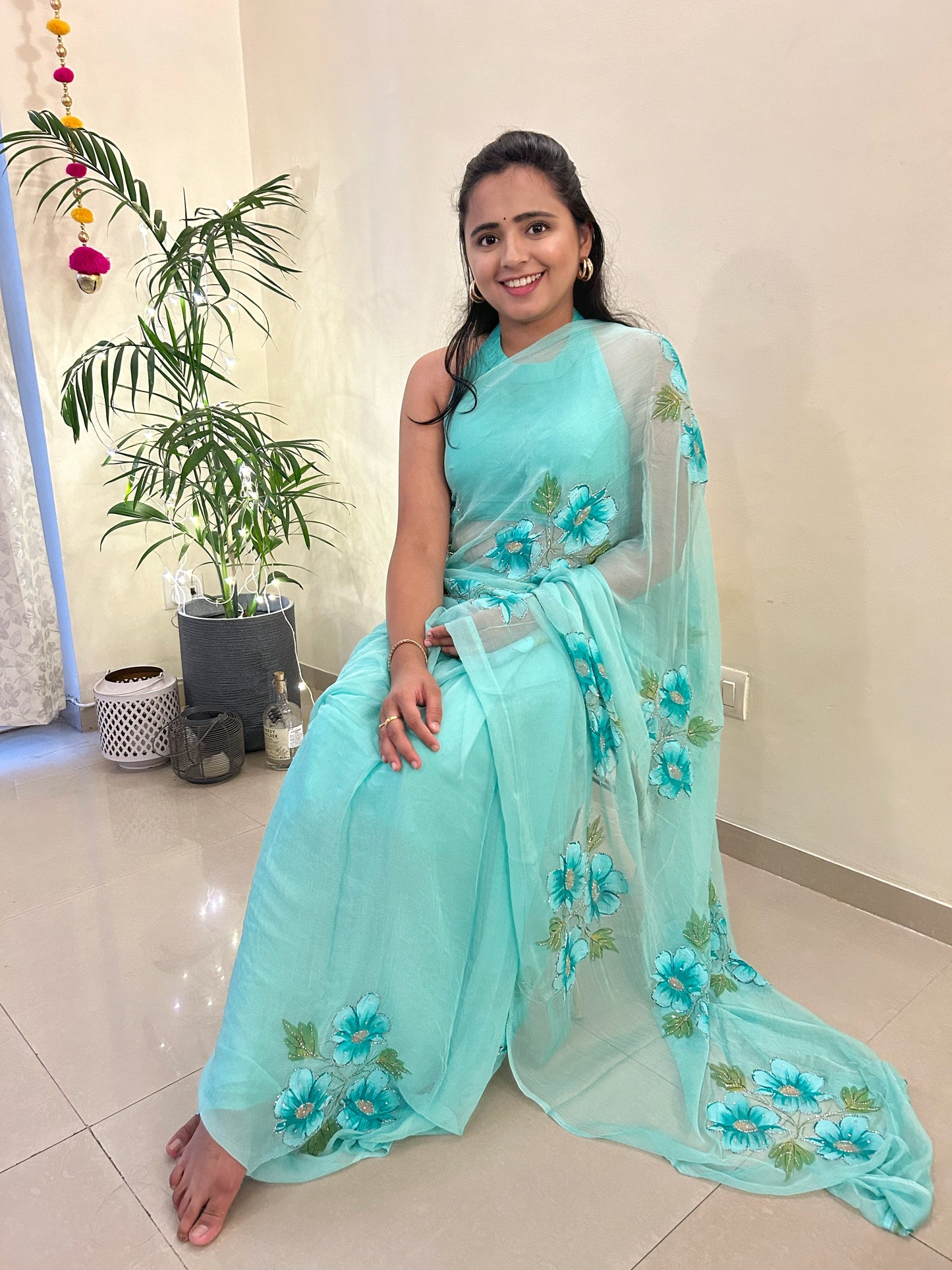 Gudhal ka Phool - Hand Painted Pre Pleated Chiffon Saree