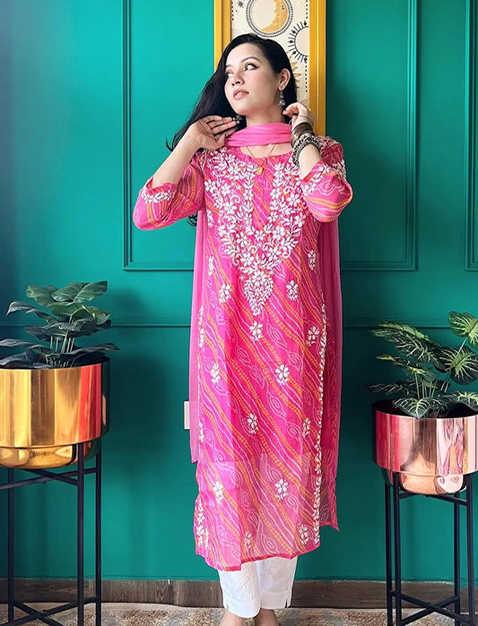 Farhad Gulab Bandhej-Chikan Kurta
