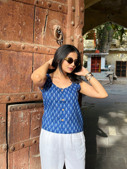 Ivory Blue Cotton Crop Shirt