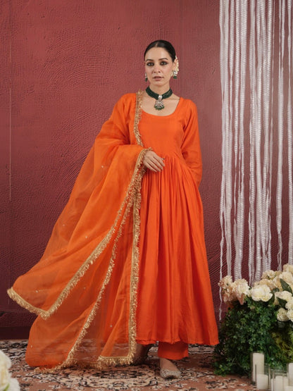 Chaand Orange Chanderi Aariwork Anarkali Suit Set