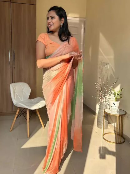 Rani Tri Color Chiffon Pre Pleated Saree