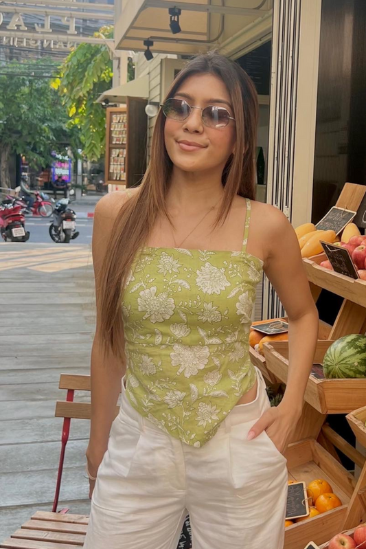Pastel Green Floral Scarf Top Crafted from Cotton Fabric