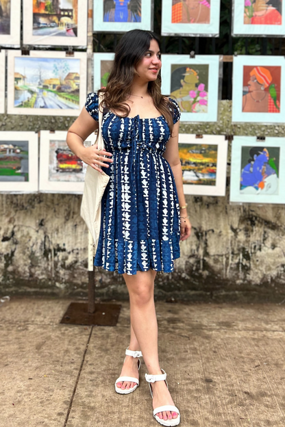 Moonchild Indigo Hand-Block Geometric Print Cotton Rayon Dress