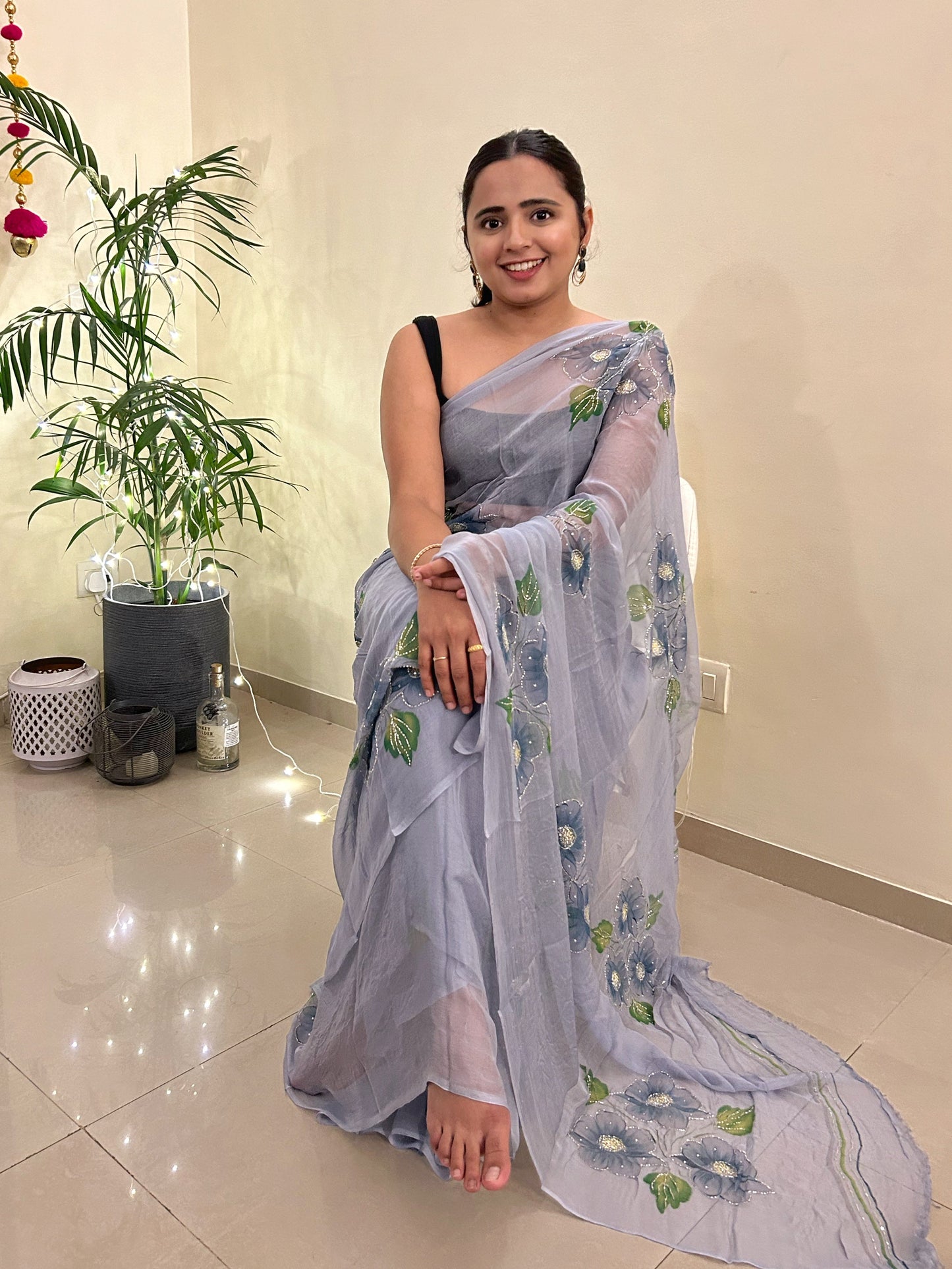 Gudhal ka Phool - Hand Painted Pre Pleated Chiffon Saree