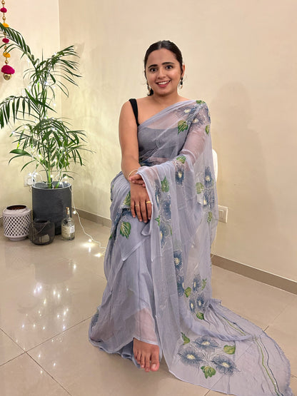 Gudhal ka Phool - Hand Painted Pre Pleated Chiffon Saree