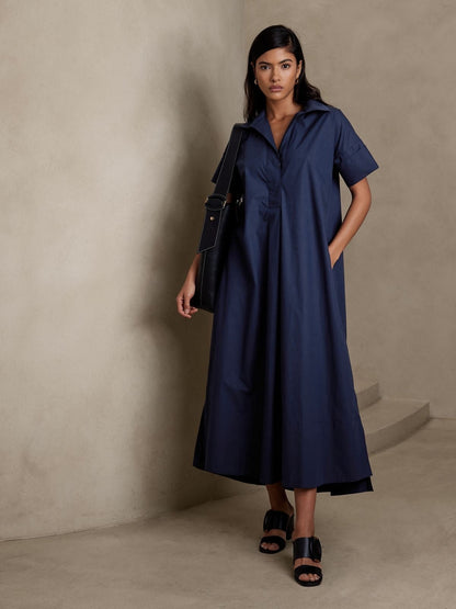 Navy Collared Midi Dress