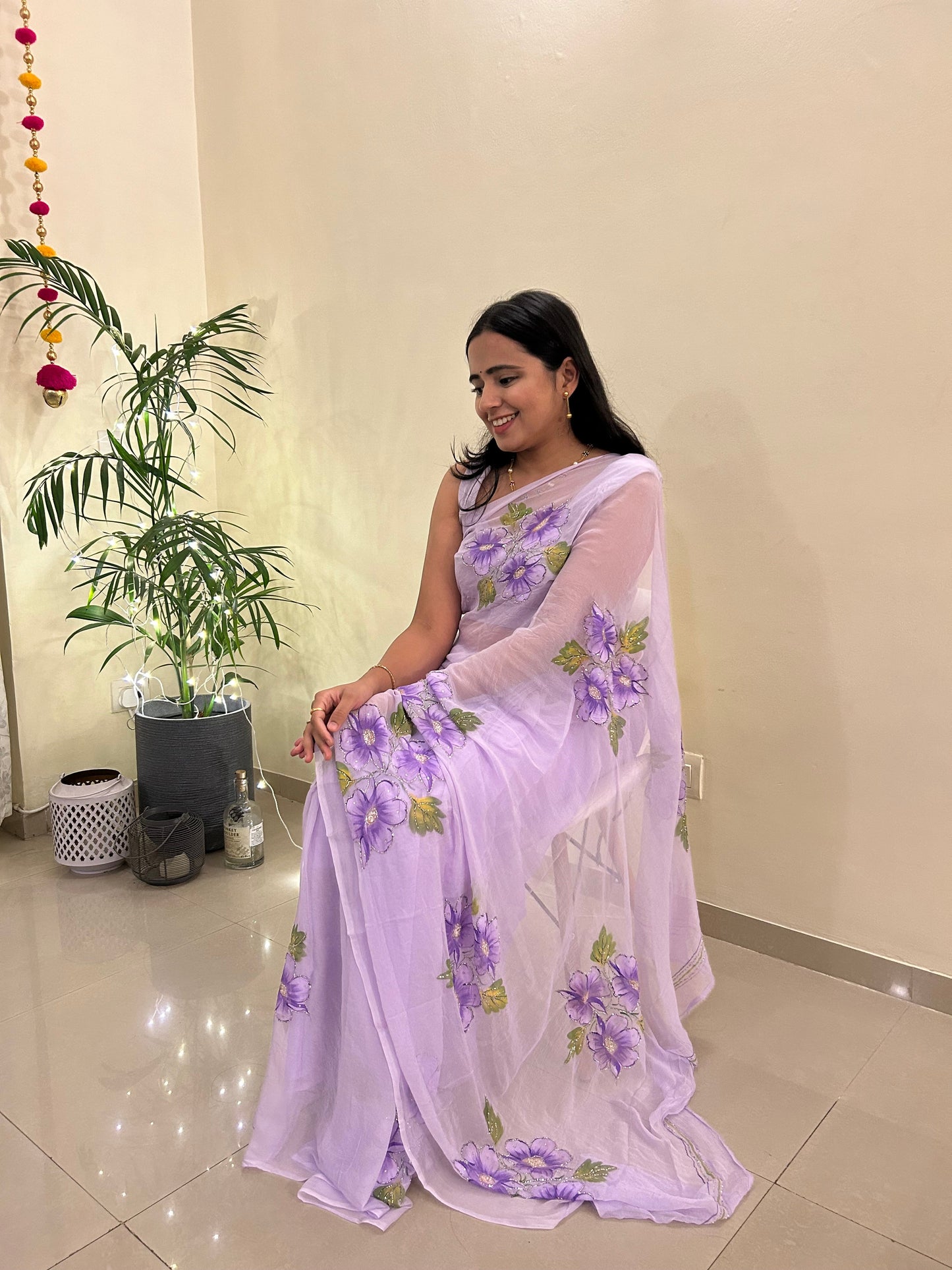 Gudhal ka Phool - Hand Painted Pre Pleated Chiffon Saree