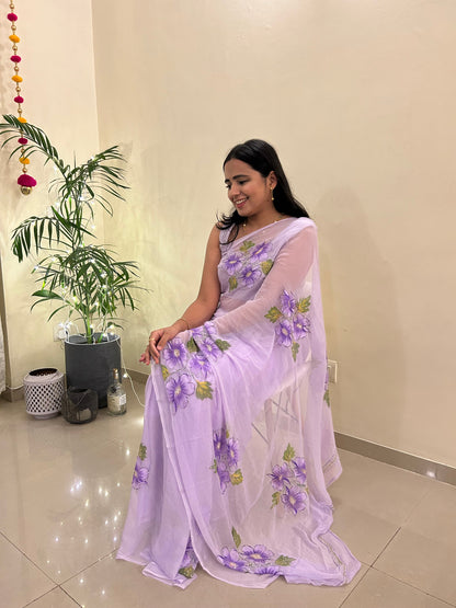 Gudhal ka Phool - Hand Painted Pre Pleated Chiffon Saree