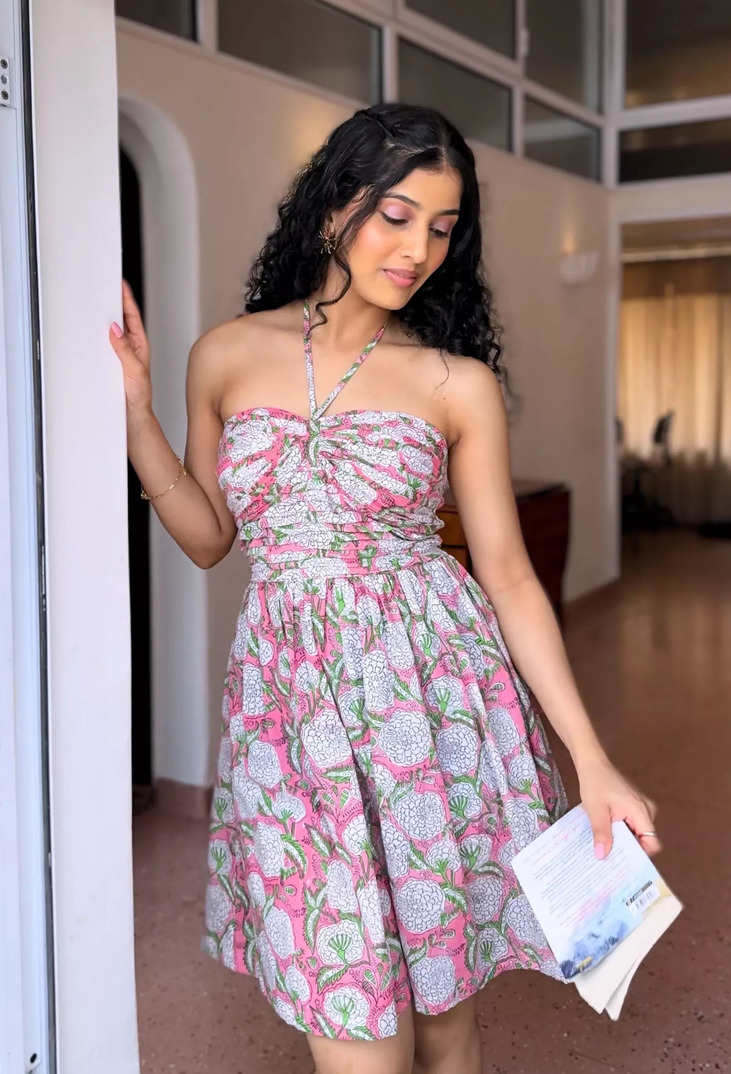 Halter Pink Hand Block Print Detachable Sleeves Dress