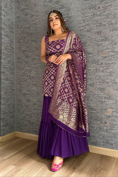Bandhej Purple Sharara Set