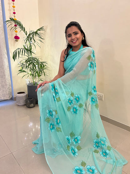 Gudhal ka Phool - Hand Painted Pre Pleated Chiffon Saree