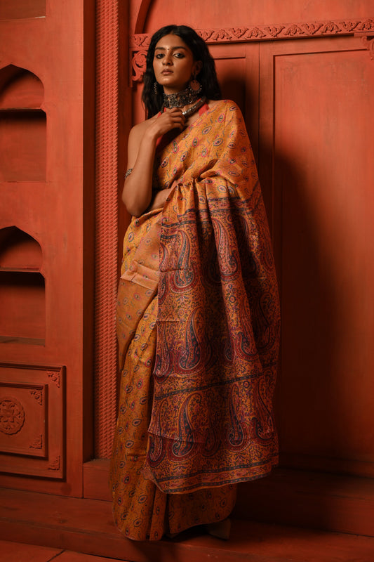 Rang Bahaar Golden Yellow Paisley Printed Silk Saree