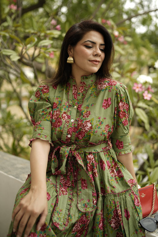 Green Floral Print Puff Sleeve Fit & Flare Midi Dress