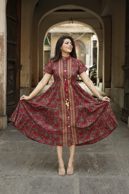 Printed Flutter Sleeves Printed Maxi Dress