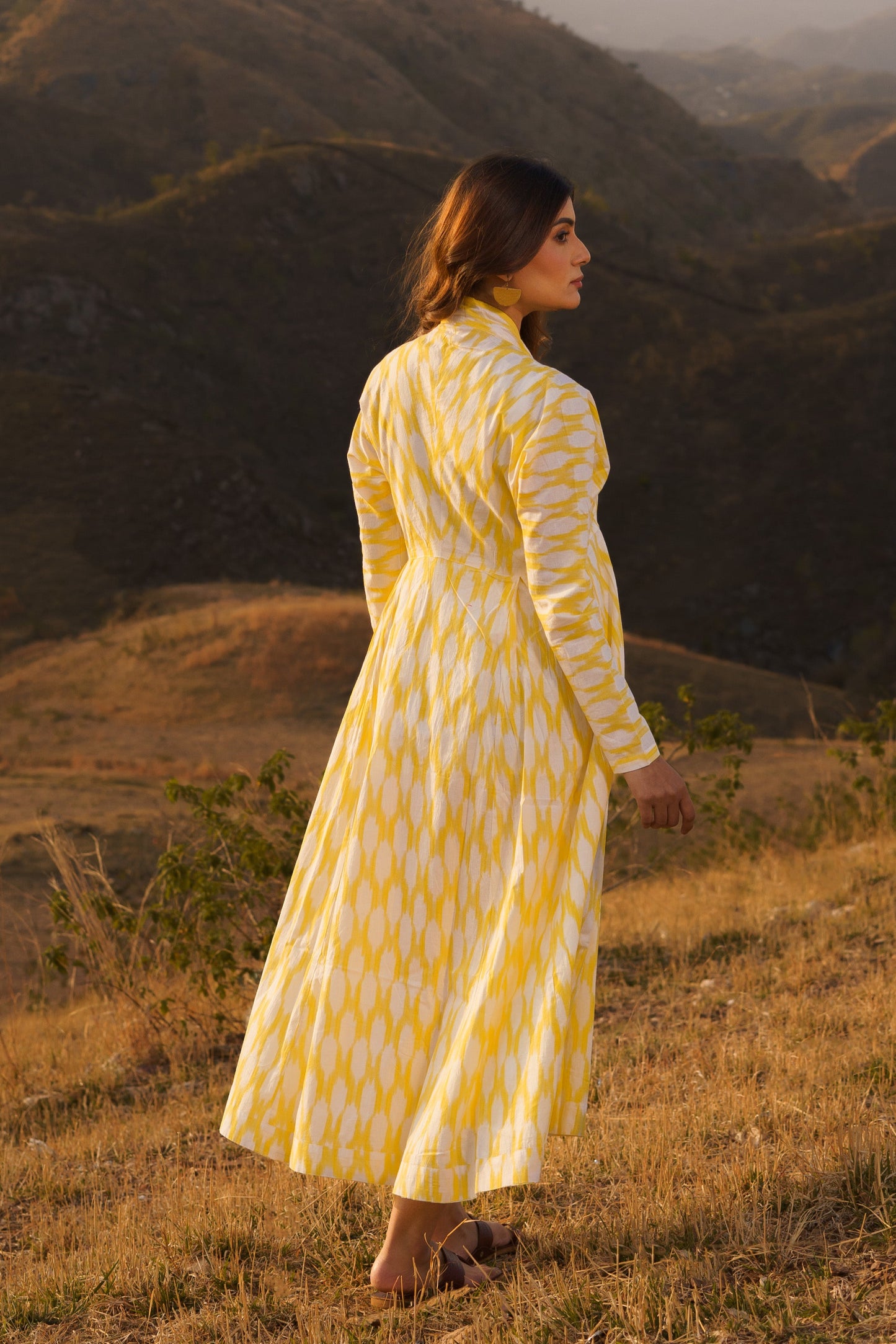 Afreen Yellow Ikkat Cotton Maxi Dress