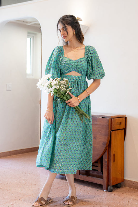 Green and Blue Floral Maxi Dress in Cotton with Pocket