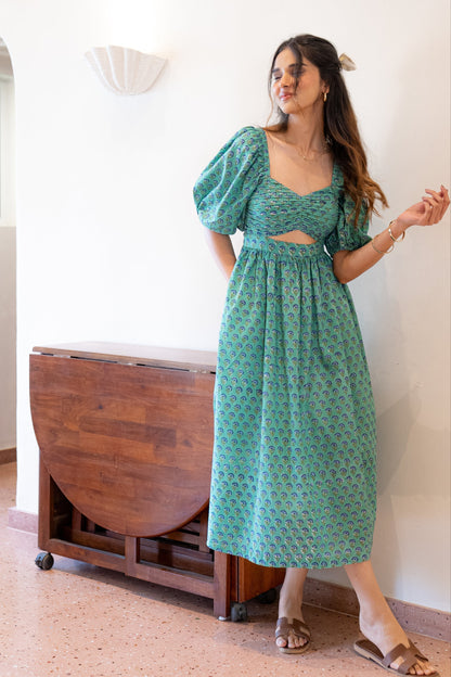 Green and Blue Floral Maxi Dress in Cotton with Pocket
