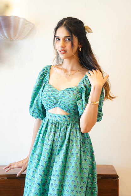 Green and Blue Floral Maxi Dress in Cotton with Pocket