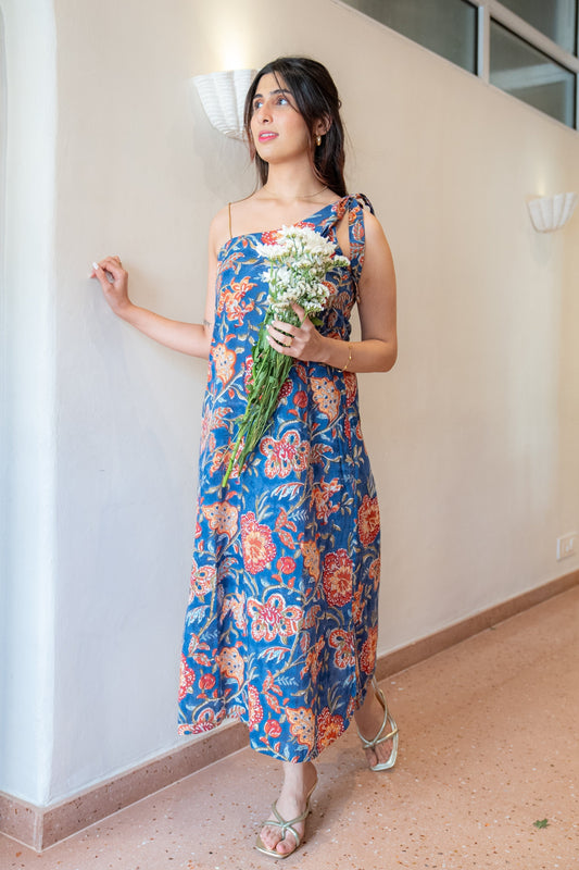 One Shoulder Tie Up A-Line Cotton Dress