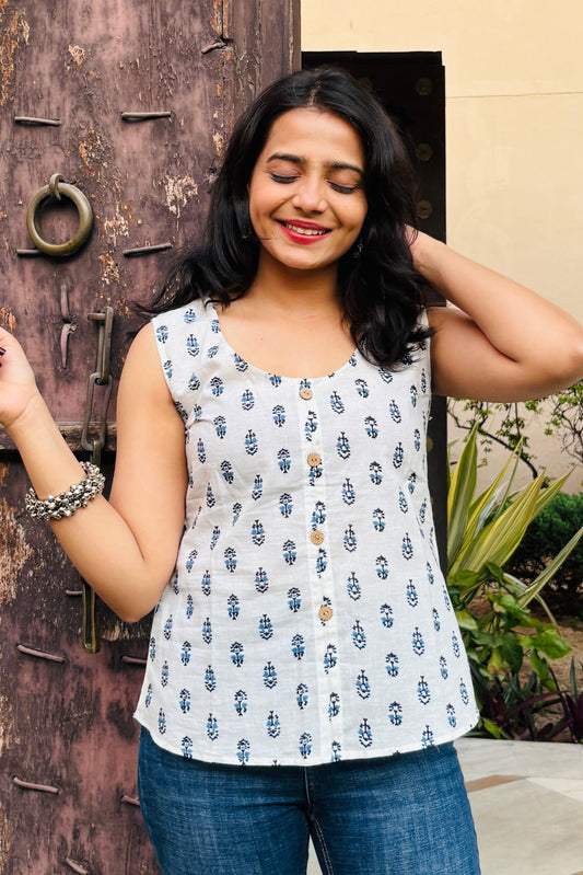 Ivory Indigo Button Down Top