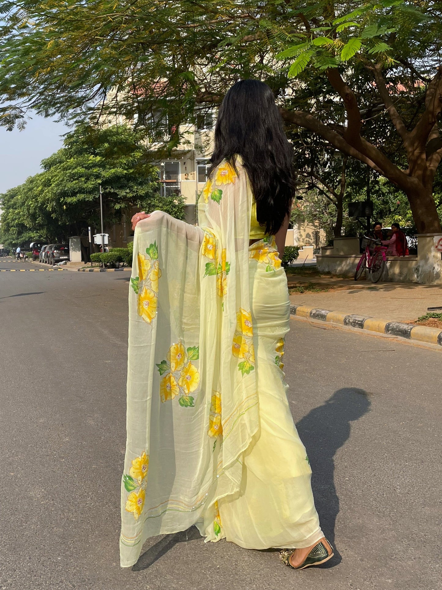 Gudhal ka Phool - Hand Painted Pre Pleated Chiffon Saree