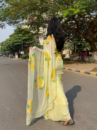 Gudhal ka Phool - Hand Painted Pre Pleated Chiffon Saree