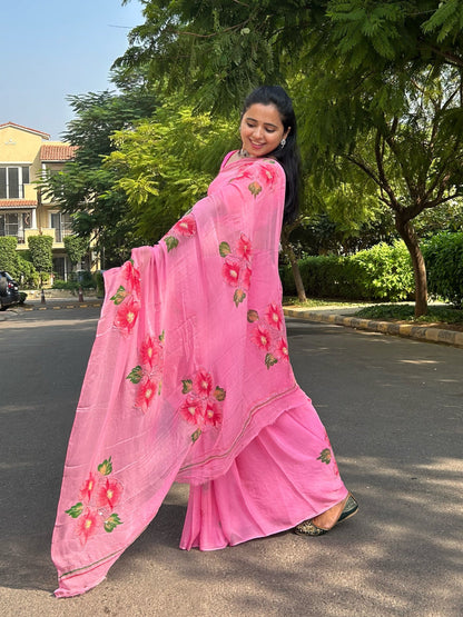 Gudhal ka Phool - Hand Painted Pre Pleated Chiffon Saree