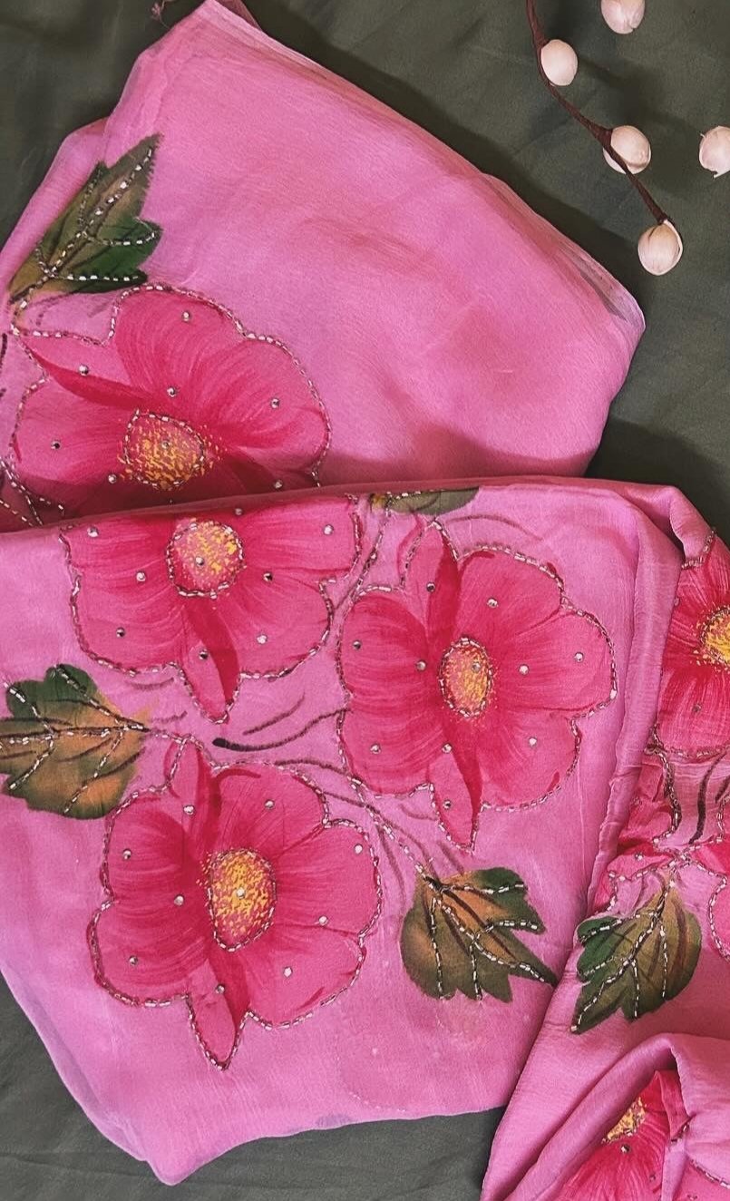 Gudhal ka Phool - Hand Painted Pre Pleated Chiffon Saree