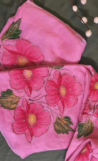 Gudhal ka Phool - Hand Painted Pre Pleated Chiffon Saree