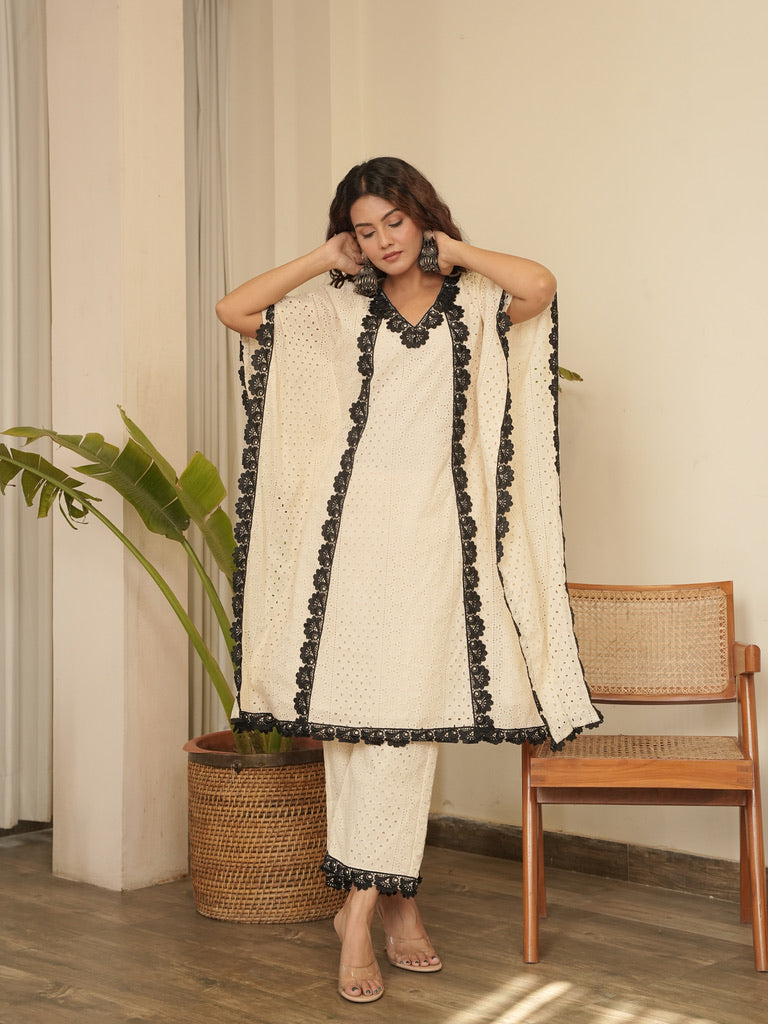 Safeda Lace Work Cotton Kaftan Set