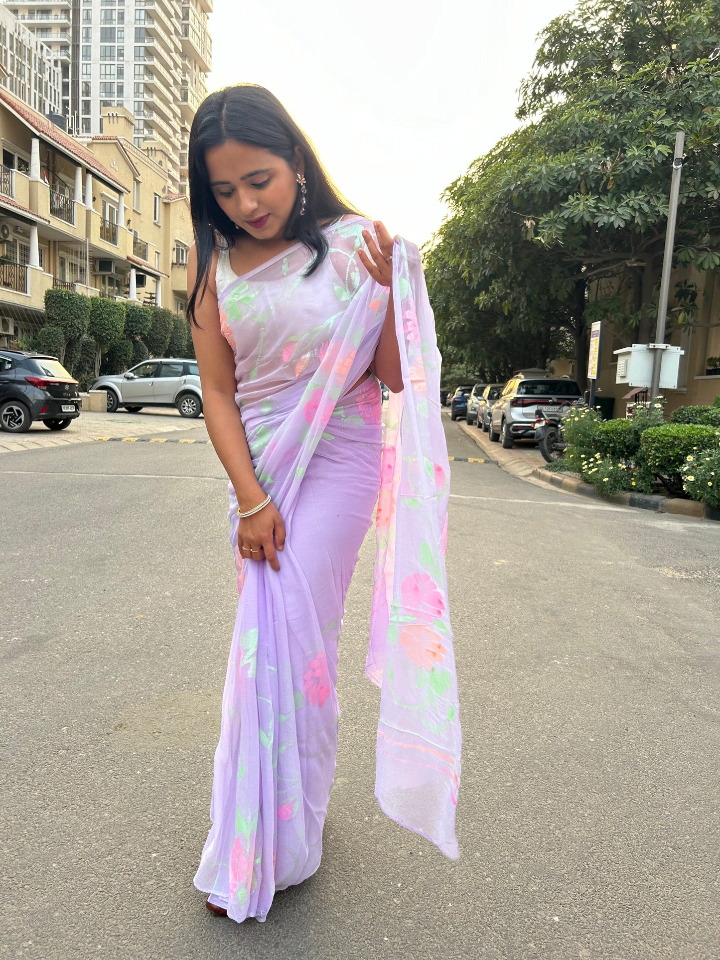 Gulabo - Handpainted Ready To Wear Chiffon Saree