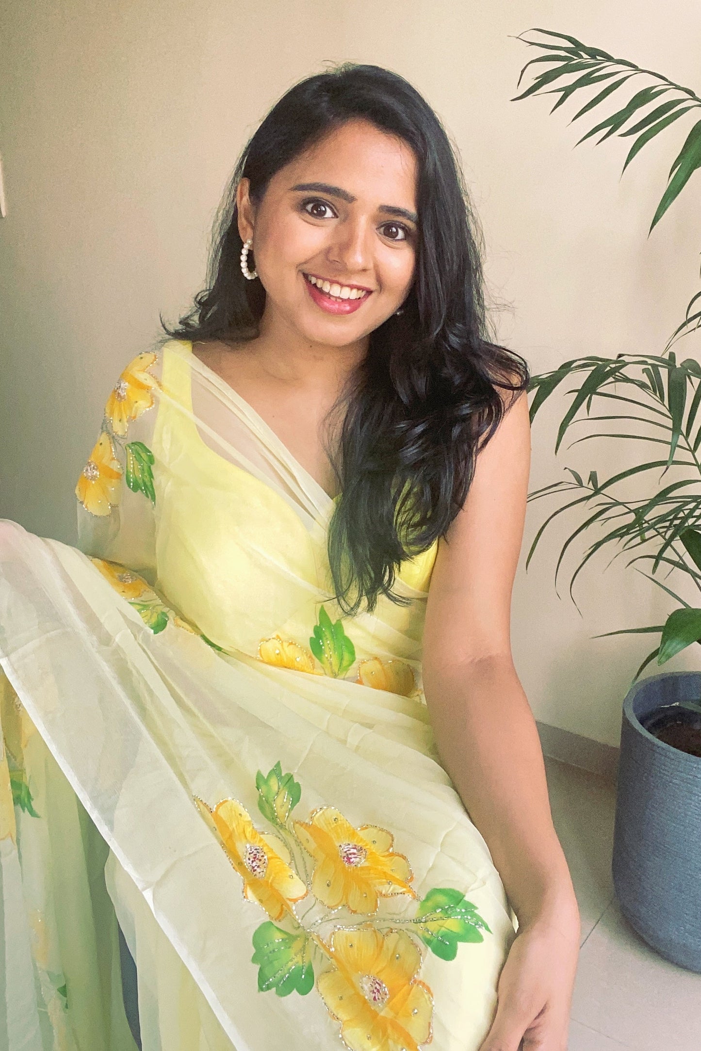 Gudhal ka Phool - Hand Painted Pre Pleated Chiffon Saree