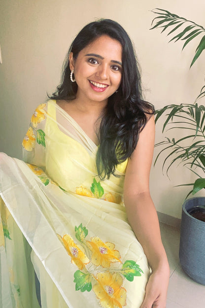 Gudhal ka Phool - Hand Painted Pre Pleated Chiffon Saree