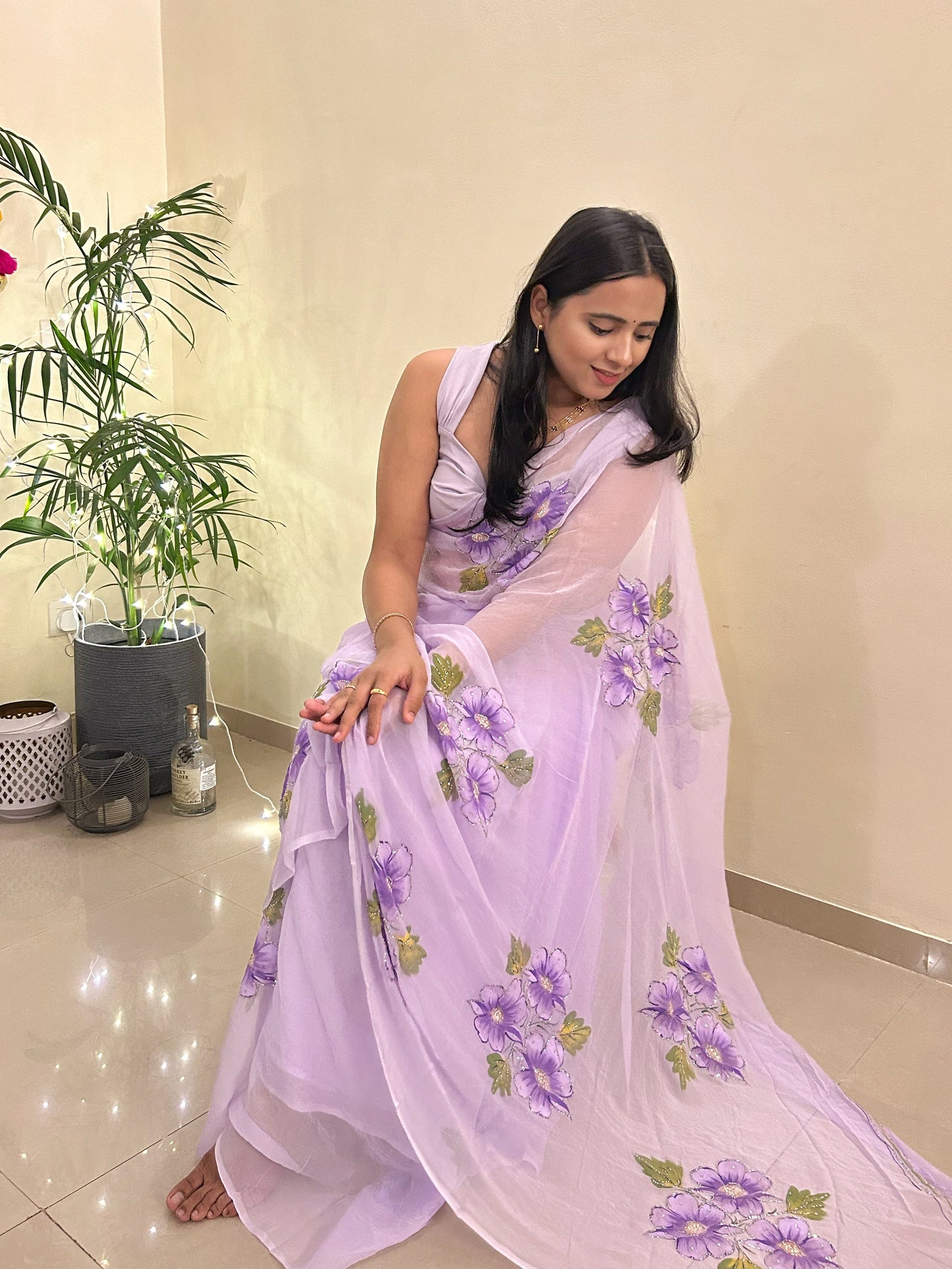 Gudhal ka Phool - Hand Painted Pre Pleated Chiffon Saree