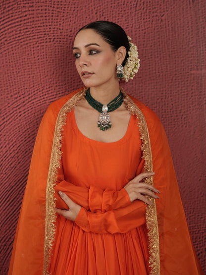 Chaand Orange Chanderi Aariwork Anarkali Suit Set