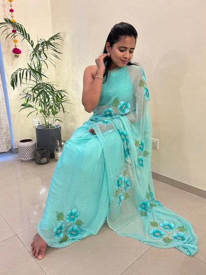 Gudhal ka Phool - Hand Painted Pre Pleated Chiffon Saree