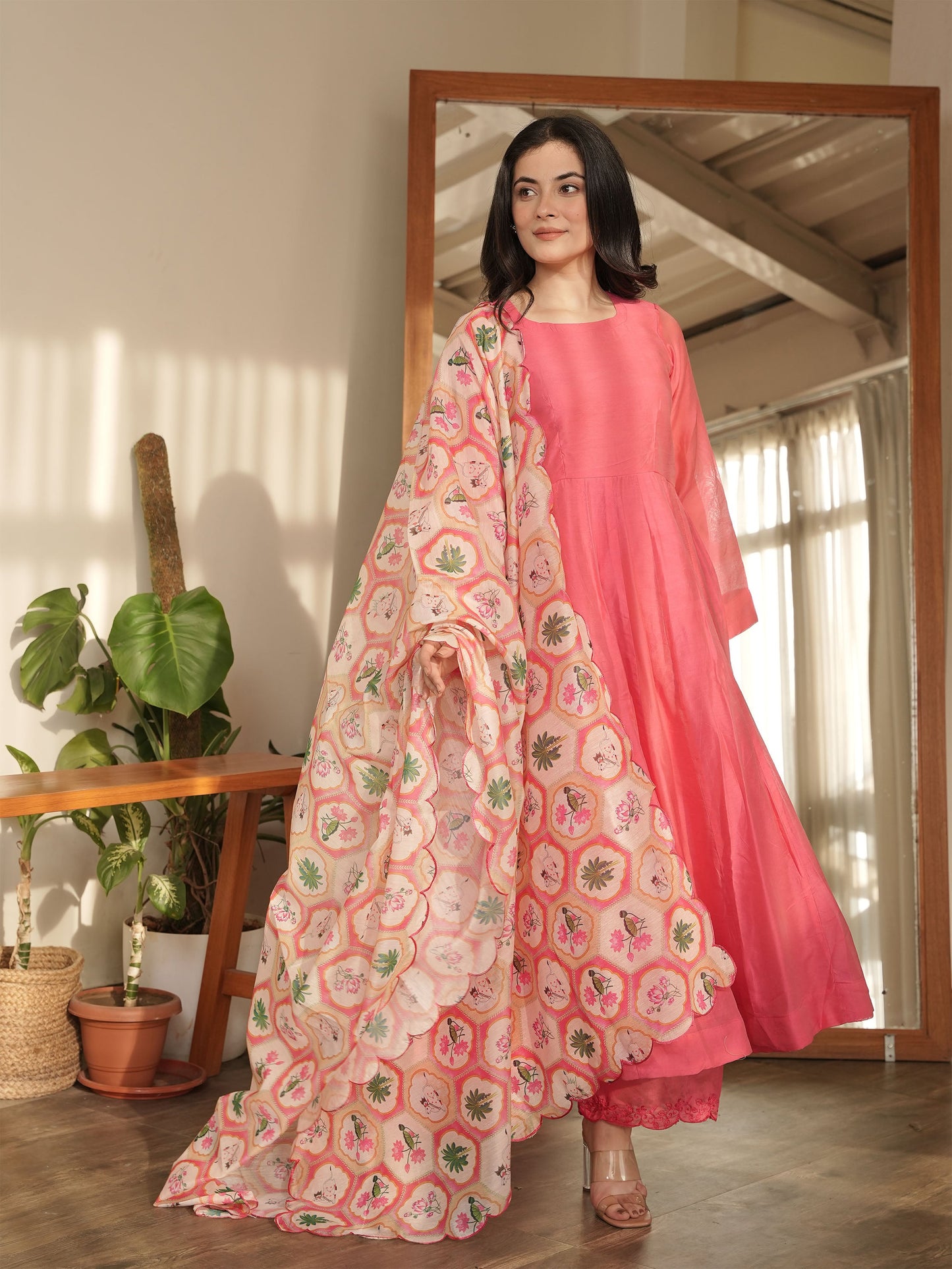 Jaana Pink Chanderi Anarkali Suit with Aari Embroidery & Digital Print Floral Jaal Dupatta