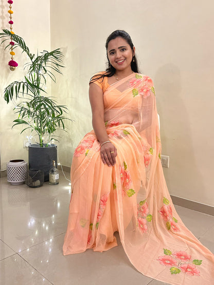 Gudhal ka Phool - Hand Painted Pre Pleated Chiffon Saree