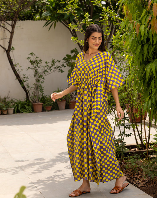 Chequer Hand Block Printed Cotton Kaftan