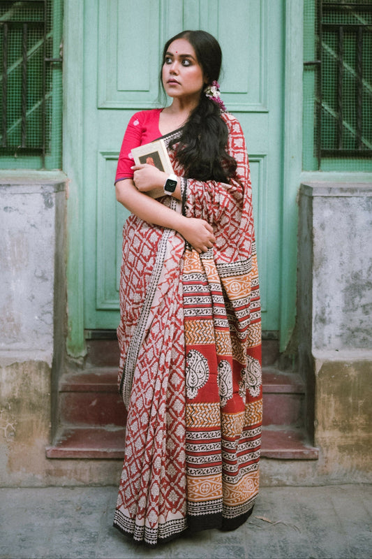 Brick Red Bagru Mul-Cotton Saree